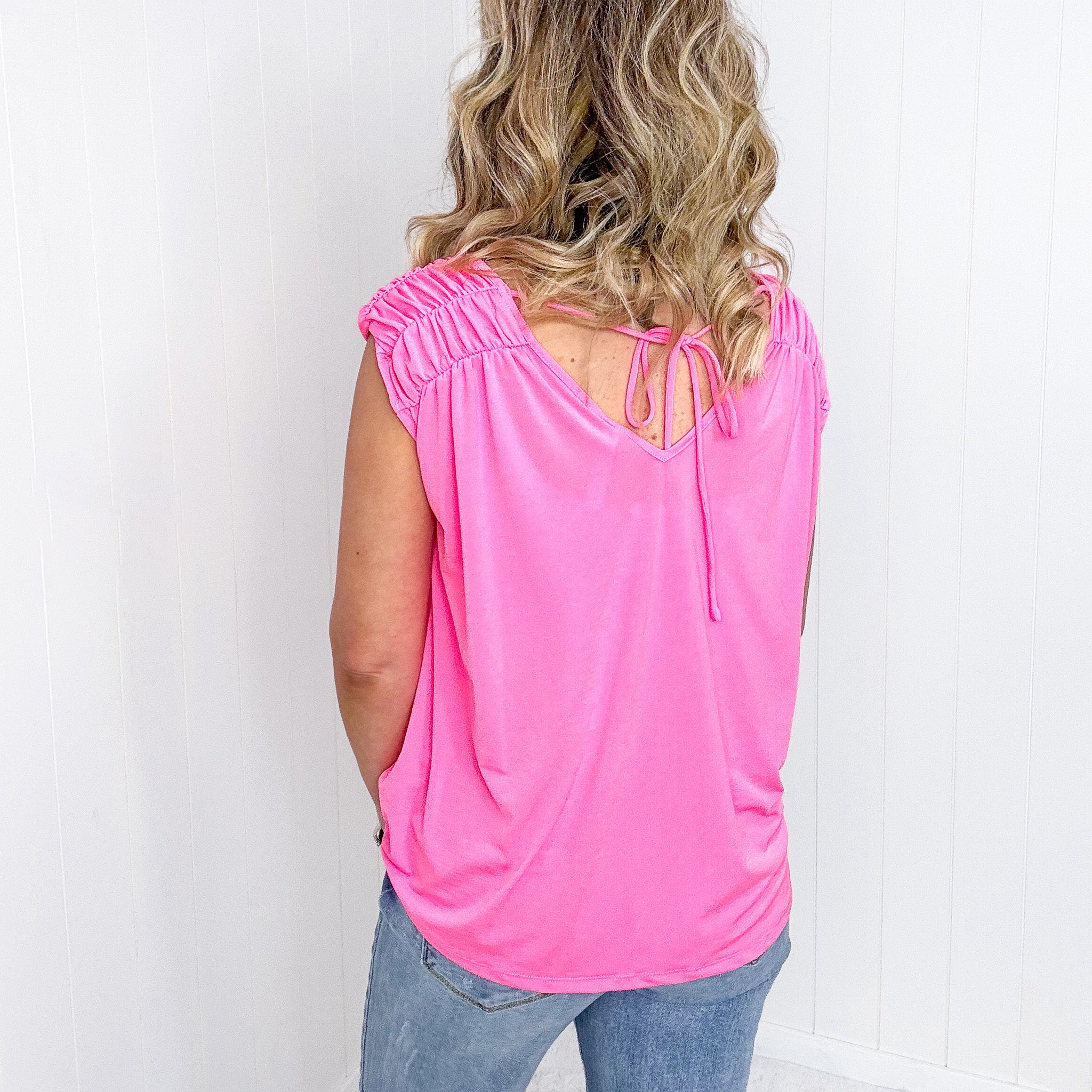 Dear Scarlett Ruched Cap Sleeve Top in Neon Pink